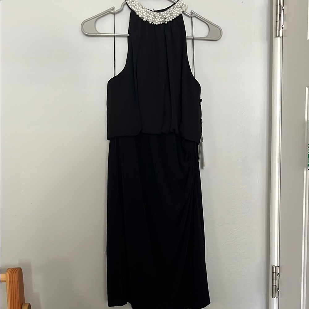 NWT Adrianna Papell Black Dress with Pearl Embellishment